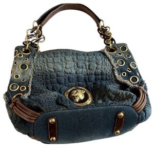 Sharif Rare large blue denim shoulder bag brown leather straps gold hardware